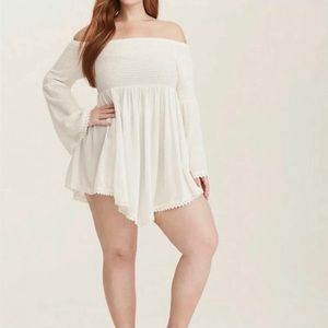 SMOCKED GAUZE OFF SHOULDER SWIM COVER-UP